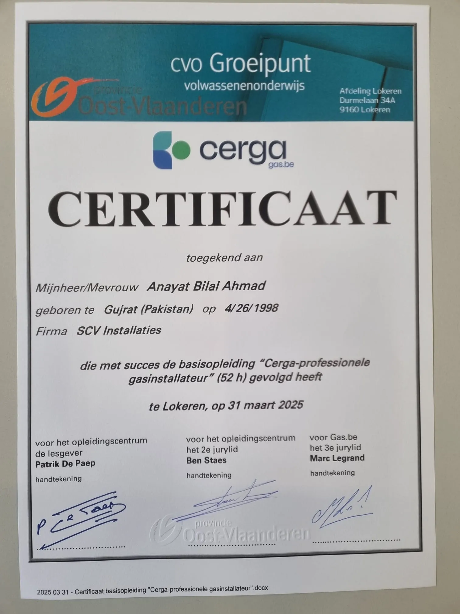 Officieel Cerga kwaliteitslabel-certificaat van SCV Installaties